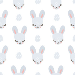 Holiday vector pattern for Easter. Cute bunny faces and Easter eggs. Holiday pattern 