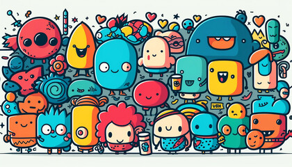 Fototapeta premium Adorable Monster Doodles, Playful Characters in Color, Cute Creatures for Kids, Kids' Rooms, Nurseries and Playrooms