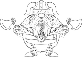 Outlined Gnome Viking Cartoon Character Holds Two Axes. Vector Hand Drawn Illustration Isolated On Transparent Background