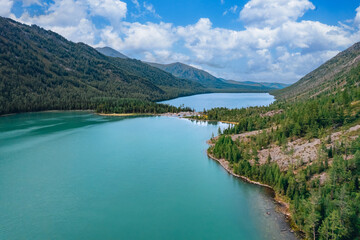 Aerial Landscape summer day Multe lake in mountains Altai, top view