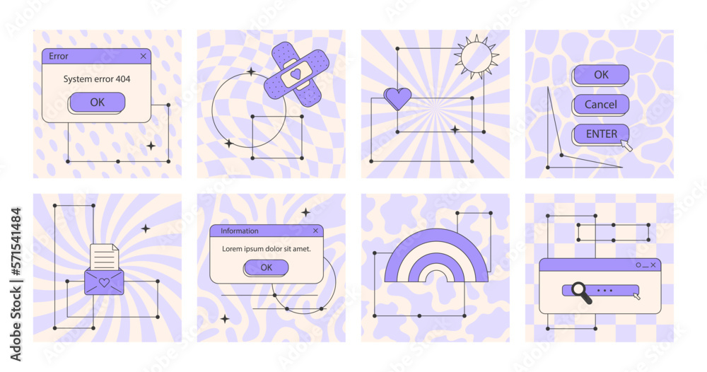 Poster set of vaporwave retro futuristic lofi post templates for social media. 80s 90s aesthetic square bac