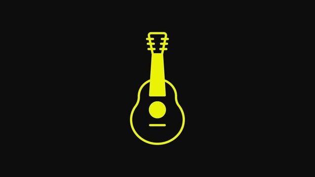 Yellow Guitar icon isolated on black background. Acoustic guitar. String musical instrument. 4K Video motion graphic animation