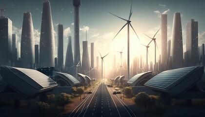 Naklejka na ściany i meble Futuristic Self Sustainable Energy City Concept -- The Future Of Energy Reusability