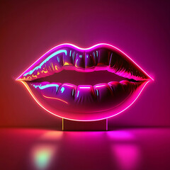 Neon lips with backlight on the dark background, Glossy lips, concept female lips - obrazy, fototapety, plakaty