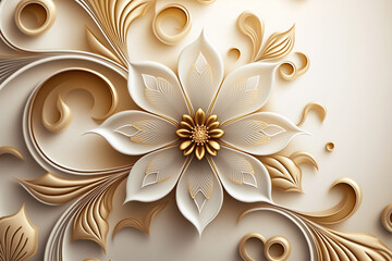 Fototapeta na wymiar Abstract floral background design in white and gold colors. Delicate flower blossom pattern for poster, wallpaper, art print etc. Made with generative AI.