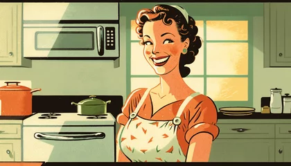 Foto auf Acrylglas Charming vintage style illustration of cheerful woman in the kitchen. Happy housewife of the 1950s concept. Made with generative AI. © Aul Zitzke