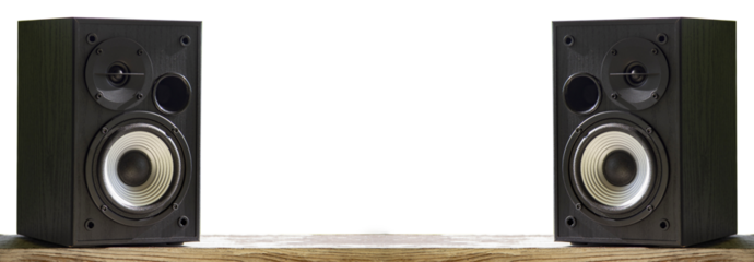 Acoustic sound speakers on transparent background. Multimedia, audio and sound concept. Copy space. The musical equipment. Close-up.