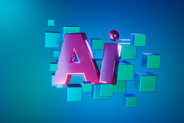 3d render. AI sign artificial intelligence on the background of blockchain cubes
