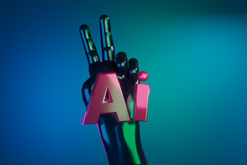 3d render. AI sign artificial intelligence with black hand