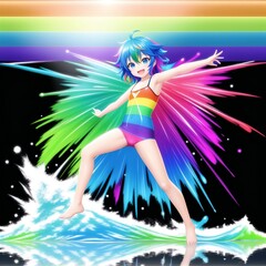 rainbow drawing with a child, rainbow wave, bright colors, cartoon, generated in AI