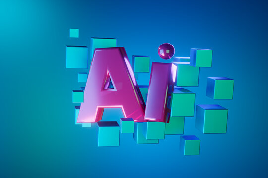 3d render. AI sign artificial intelligence on the background of blockchain cubes