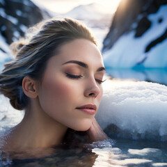 Woman’s Face, as She Closes Her Eyes and Takes in the Sensation of the Freezing Water in a Lake. Hair Is Styled Back and Her Skin Looks Refreshed as She Enjoys This Luxurious Spa Experience. AI