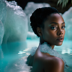 Black Woman Enjoy the Sensation of the Freezing Water in a Lake. Hair Is Styled Back and Her Skin Looks Refreshed as She Enjoys This Luxurious Spa Experience. AI