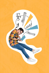 Vertical drawing collage photo picture image of handsome programmer guy deleting bad words social...