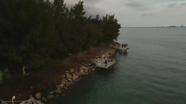 Sunset time on Marina Island, Malaysia. Drone shot.