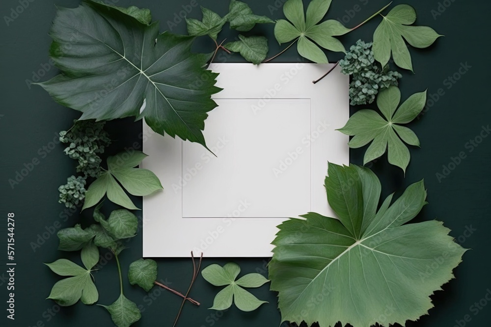 Poster frame is square. green leaves and a paper card note are used in a creative layout. blank for use as 