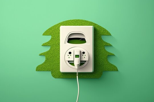 a white electric vehicle plugged into a power outlet against a green background. Generative AI