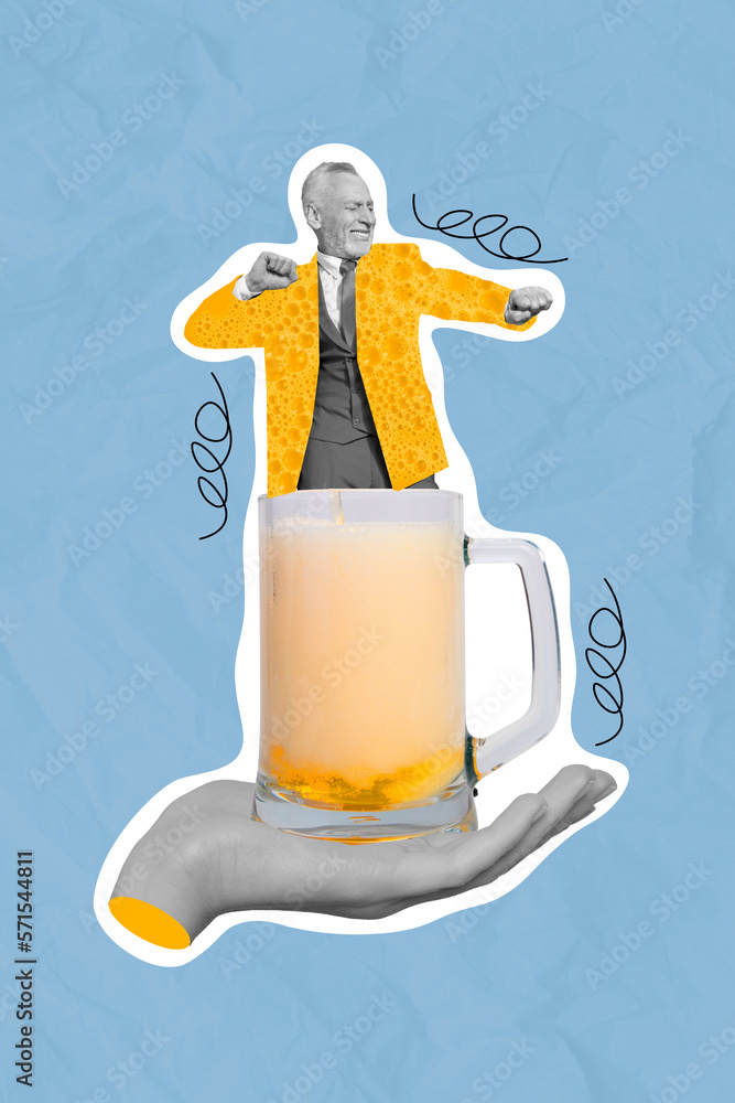 Sticker Collage photo picture poster of arm hold crazy happy man grandfather dancing big cup mug isolated on painting background