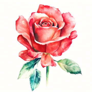 Red Rose flower watercolor illustration on white background. Generative AI