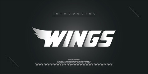 Wings digital modern alphabet new font. Creative abstract urban, futuristic, fashion, sport, minimal technology typography. Simple vector illustration with number