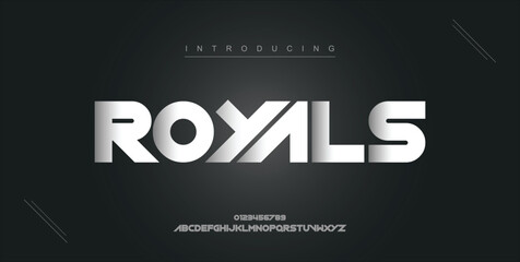 Royals digital modern alphabet new font. Creative abstract urban, futuristic, fashion, sport, minimal technology typography. Simple vector illustration with number