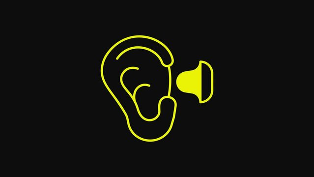 Yellow Earplugs and ear icon isolated on black background. Ear plug sign. Noise symbol. Sleeping quality concept. 4K Video motion graphic animation