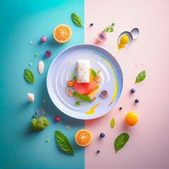 Illustrated pastel dish food concept on a plate, healthy and delicious food. An abstract, delicious restaurant flat lay meal. Illustration. Generative AI.