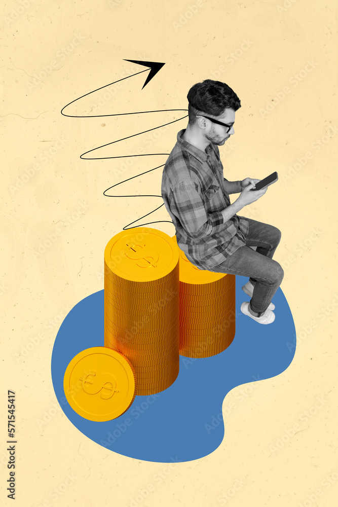 Canvas Prints Vertical collage photo picture artwork sketch of hardworking man use modern device make money distance work isolated on painted background