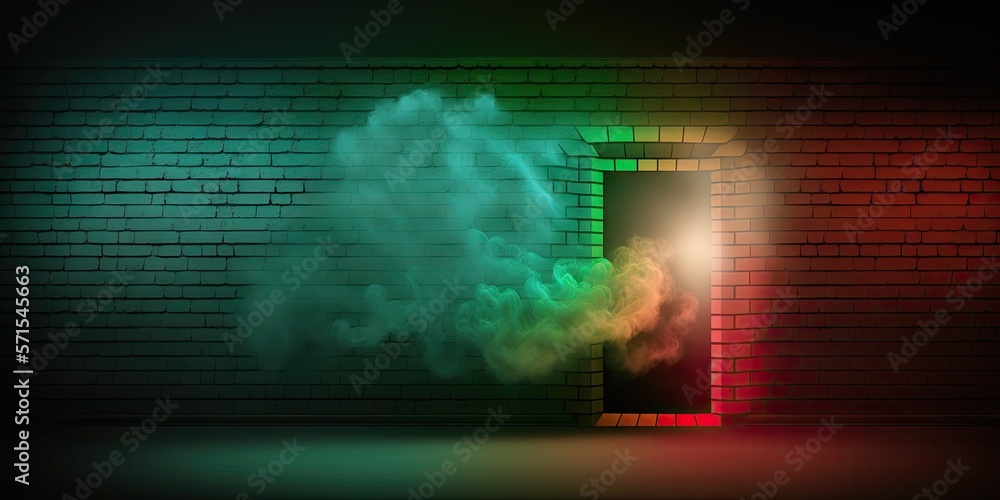 Poster on a neon brick wall with smoke is a searchlight. copy space and an empty scene. generative ai