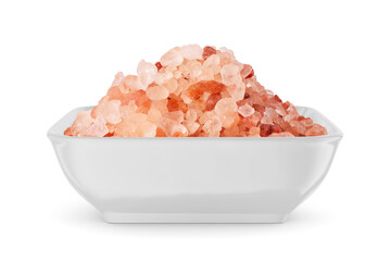 Fototapeta na wymiar Himalayan coarse salt in square bowl isolated on white. Front view.