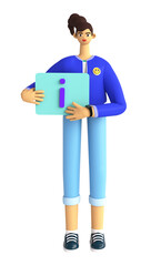 Woman giving information, businessman and female character with exclamation mark on screen. 3d render illustration on white background.