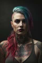 Naklejka na ściany i meble Portrait of a beauty alternative punk girl with colored dyed hair and tattoos. Black background. Modern punk style. generative AI.
