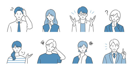 ネガティブな表情のビジネスパーソン上半身アバターセット