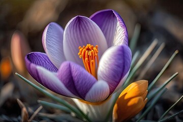 Crocus flower with violet bloom. macro shots of springtime blooms. Winter's end Springtime brings garden blooms. Garden filled with little flowers. Generative AI