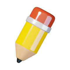 Yellow wooden pencil with rubber eraser isolated. Education and school icon. 3D render illustration.