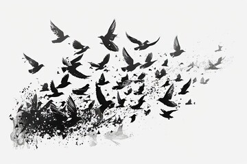 A flock of birds flying on a white background isolated. Awakening of nature in spring, free flight. Generative AI