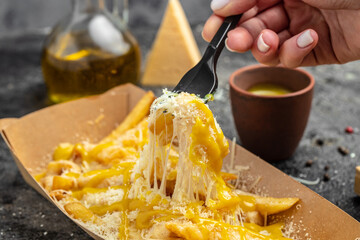 French fries baked with cheddar cheese, pickle and sausages in a paper plate on a dark background, Fast food take away. Top view, copy space
