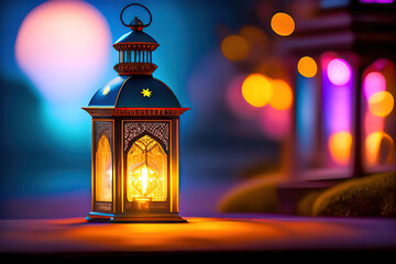 Original traditional ornate oriental lantern with beautiful bokeh of holiday lights in the background. AI generated.