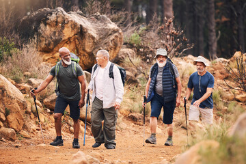 Hiking, nature and group of old men on mountain for fitness, trekking and backpacking adventure....