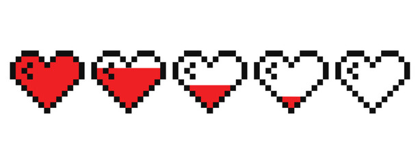 Pixel heart life bar set vector illustration. Heart in 8 bit style. Pixel heart icon.