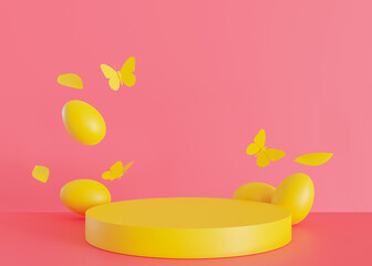 Yellow podium with Easter eggs and copy space. Trendy, vivid stage for product, cosmetic presentation. Easter mock up. Pedestal, platform for beauty products. Empty scene. Display, showcase. 3D render