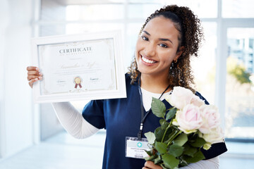 Certificate, rose and portrait with a black woman graduate in the hospital, proud of her...