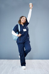 Woman, portrait or excited in medical school success, hospital internship goals or medicine...