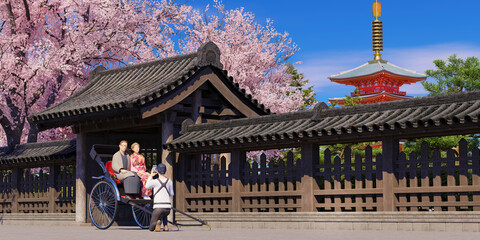 人力車に乗って記念撮影する外国人観光客 / インバウンド・春の日本旅行のコンセプトイメージ / 3Dレンダリング / Take a photo on a rickshaw. An image of a spring trip to Japan.