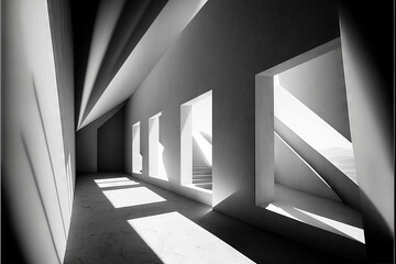Abstraction of architectural-spatial design with the rhythm of windows, shadows and walls. Corridor without people, B&W, bright sunlight, contrast, Generative AI