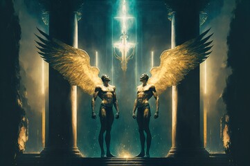 Illustration of twin gods. Gemini Zodiac Sign. Fantastic scenery. Concept. Generative AI Illustration - obrazy, fototapety, plakaty