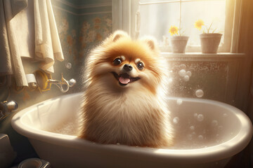 A cute fluffy pomeranian dog or pomeranian takes a bath filled with foam, a kawaii dog with fluffy fur sits in a tub with a tube. cute pet, dog washing, Generative AI