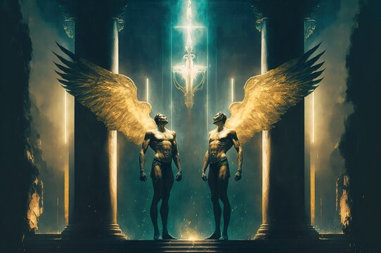 Illustration of twin gods. Gemini Zodiac Sign. Fantastic scenery. Concept. Generative AI Illustration