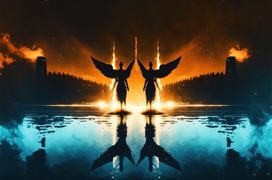 Illustration of twin gods. Gemini Zodiac Sign. Fantastic scenery. Concept. Generative AI Illustration