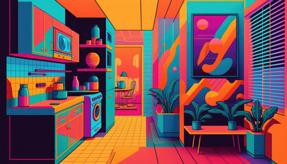 Cyberpunk synthwave kitchen room, vivid colors, retro futuristic room with furniture AI generative